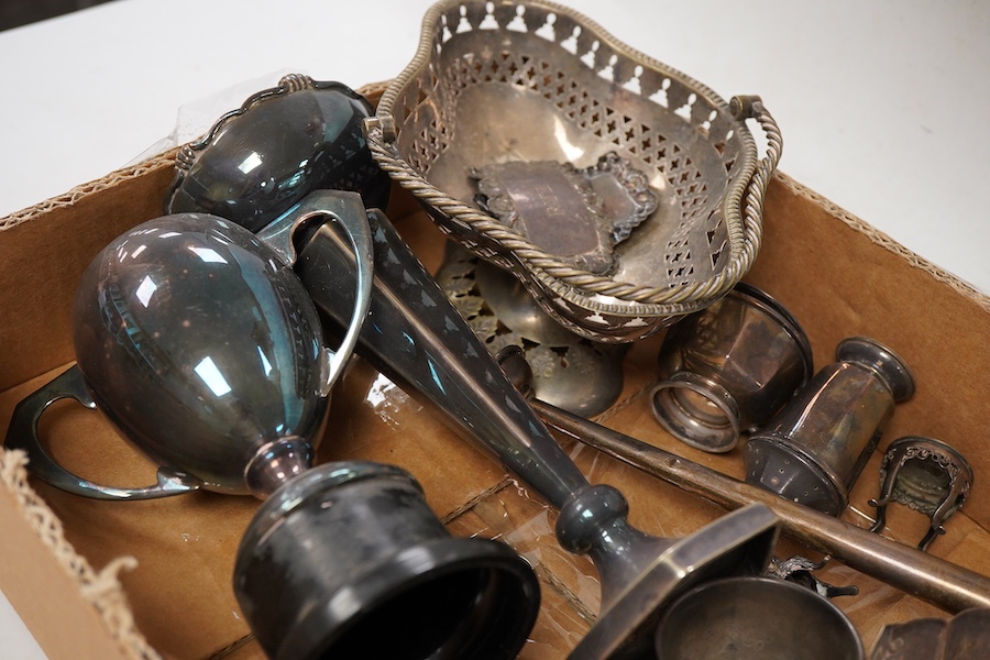 A group of assorted small silver, to include, an Edwardian miniature model of a chair, import marks for London, 1904, 41mm, together with a similar plated? unmarked table, four silver condiments, a two handled small dish